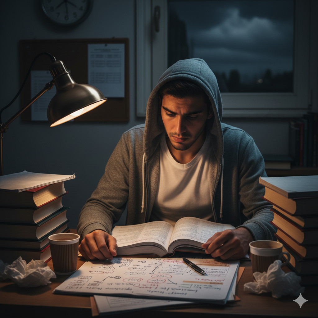 طالب يذاكر ليلة الامتحان